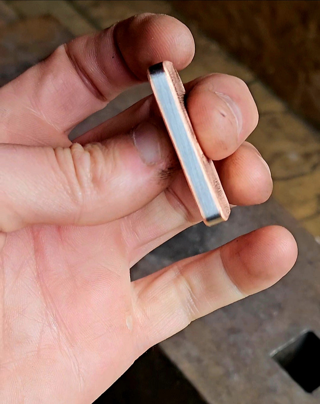 'Who Is Brave, Is Free' Steel and Copper worry stone. Steel and copper Haptic coin. Worry stone, haptic stone, touch stone.