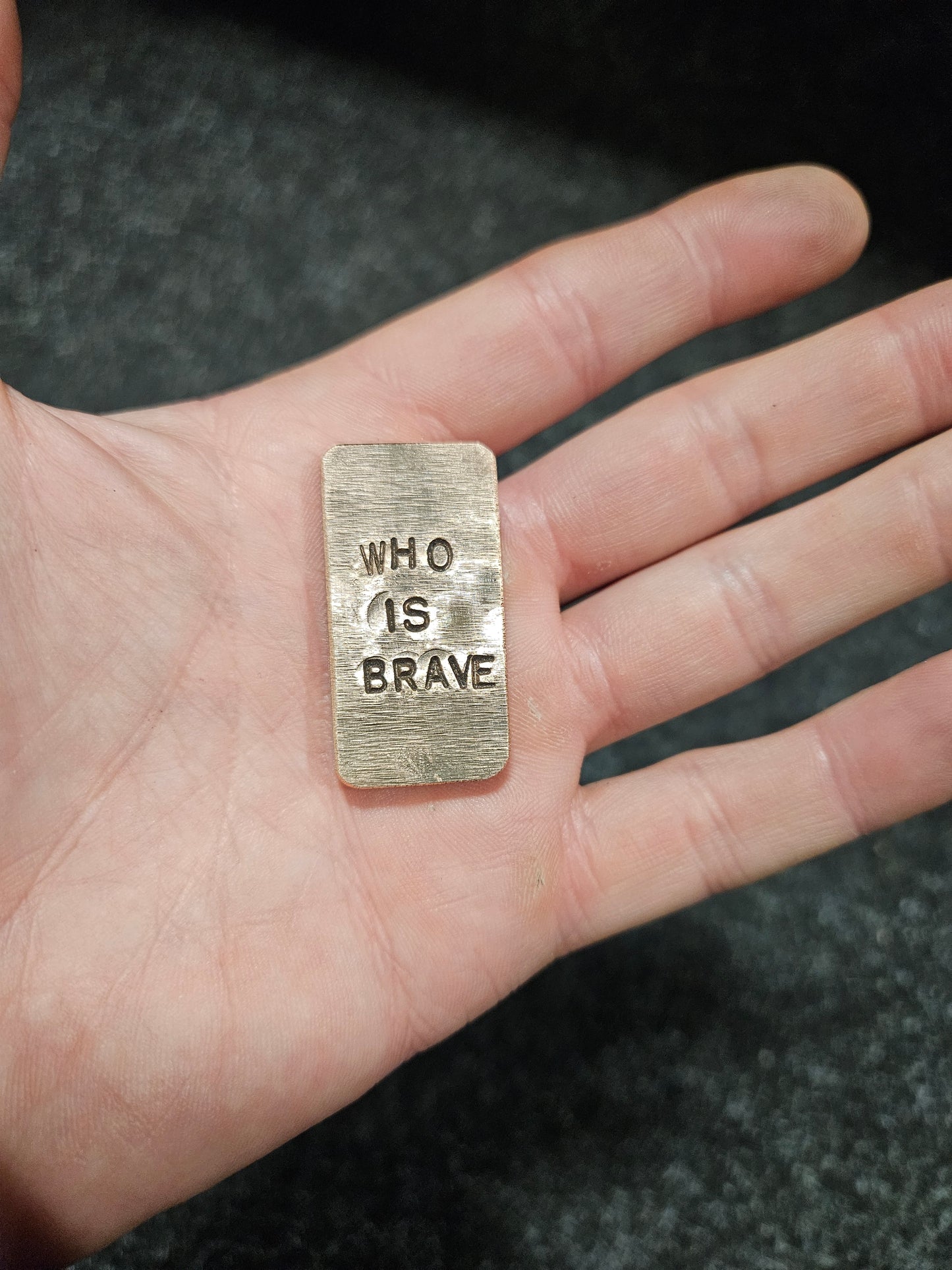 'Who Is Brave, Is Free' Steel and Copper worry stone. Steel and copper Haptic coin. Worry stone, haptic stone, touch stone.