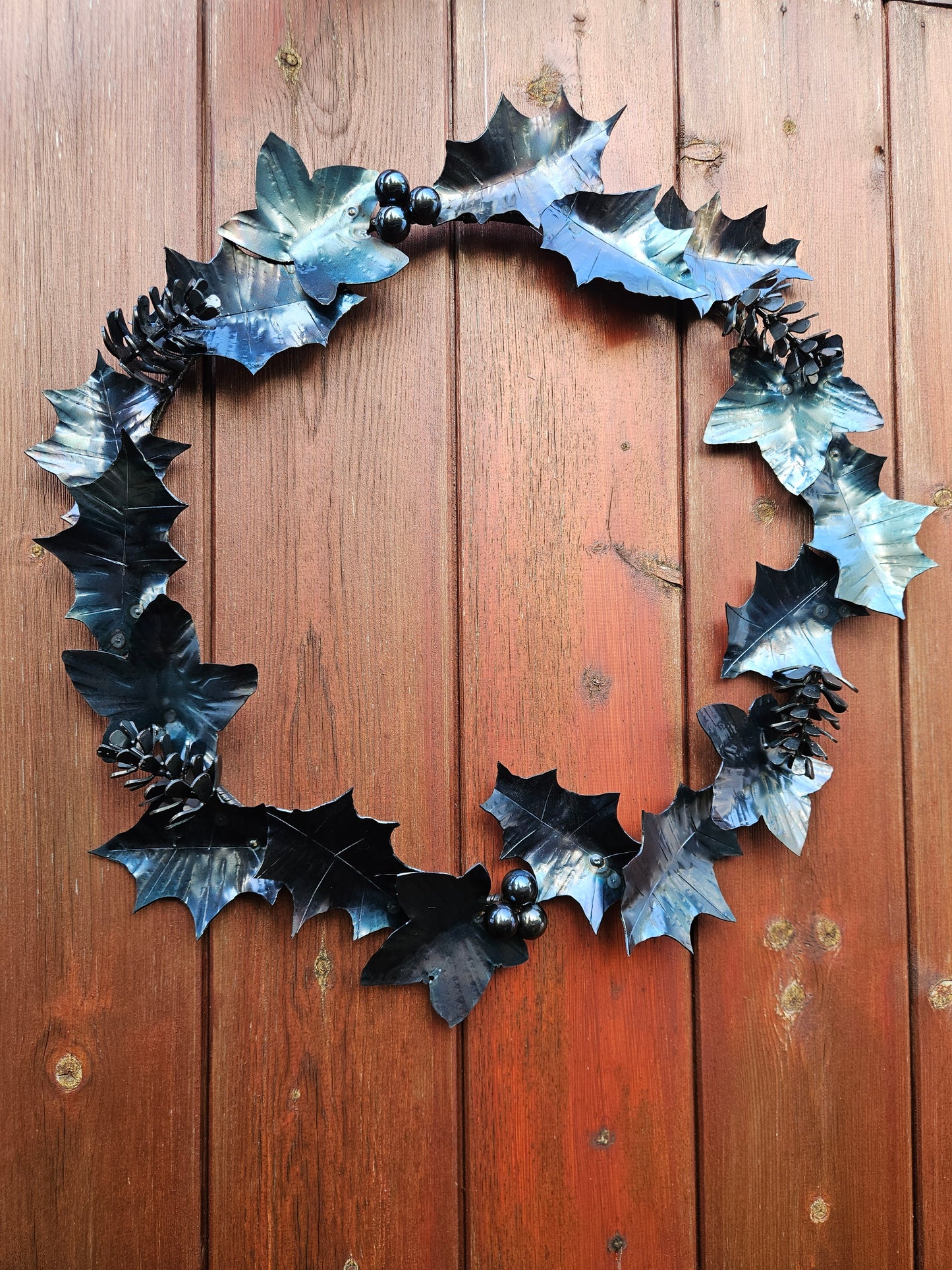 Hand-Forged Steel Holly, Ivy and Pine Cone Wreath